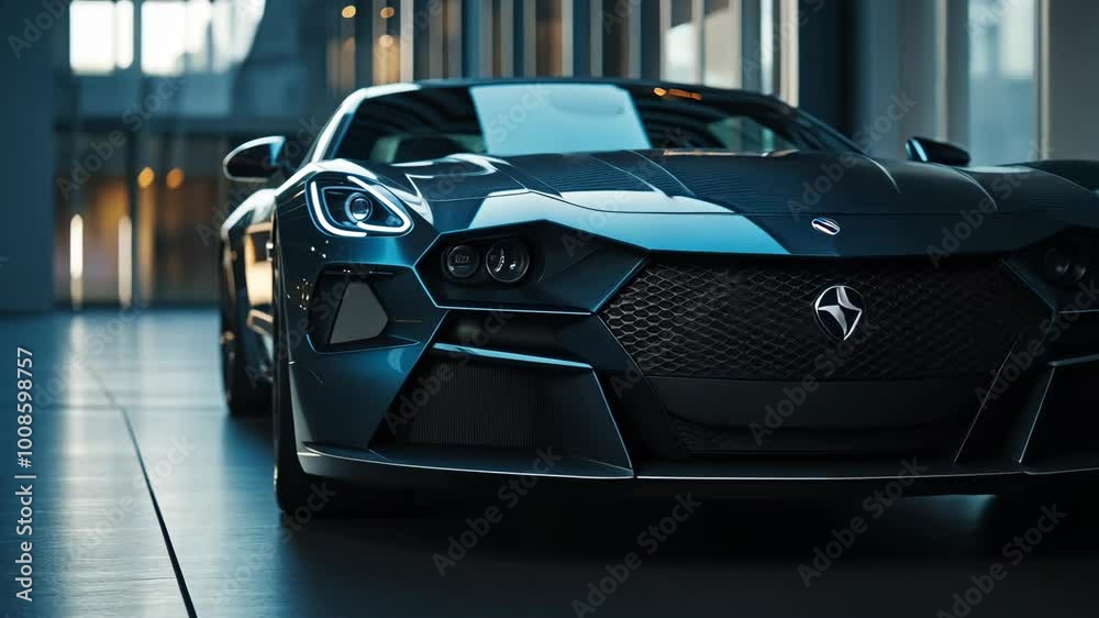 A sleek, black sports car sits parked in a modern building, ready to roar to life