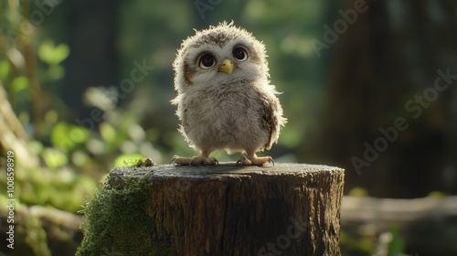 A baby owl perched on a tree stump in the middle of a forest clearing, its fluffy feathers and big eyes giving it an irresistibly cute appearance. photo