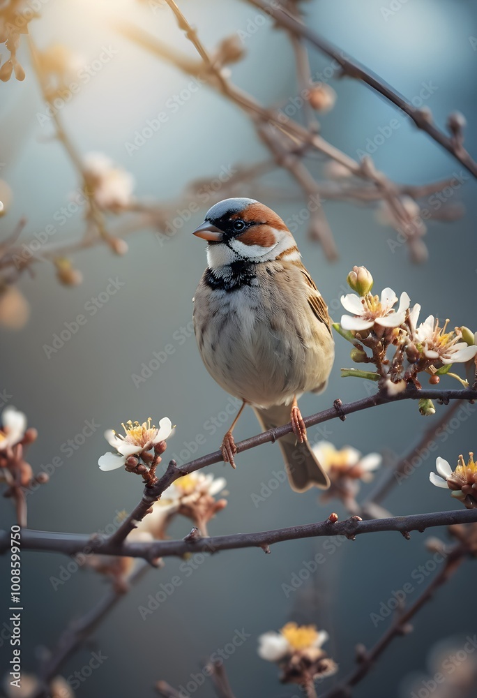 Ethereal Nature: Soft Focus Sparrow on Tree Branch with Delicate Flowers Ethereal Nature: Soft Focus Sparrow on Tree Branch with Delicate Flowers