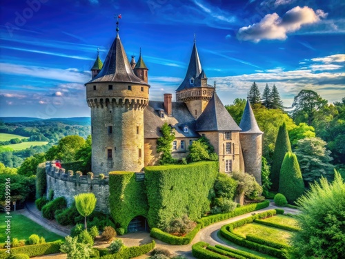 Majestic castle turret standing tall against a clear blue sky surrounded by lush greenery and nature