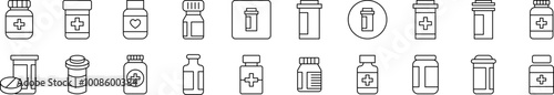 Bottle of Meds Pack of Thin Icons. Editable Stroke. Suitable for Web Sites, Books, Cards, Apps