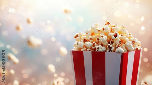 Golden popcorn in a red and white box, perfect for movie nights and carnivals, with a festive blurred backdrop. Realistic, highly detailed photo