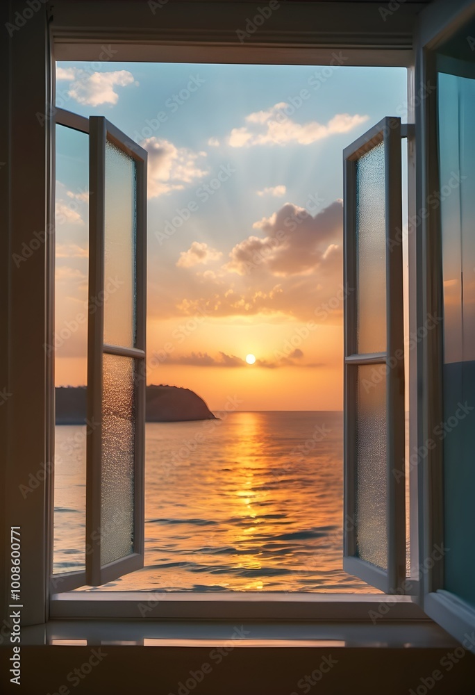Interior Room with Wooden Window Frame and Beach View Interior Room with Wooden Window Frame and Beach View