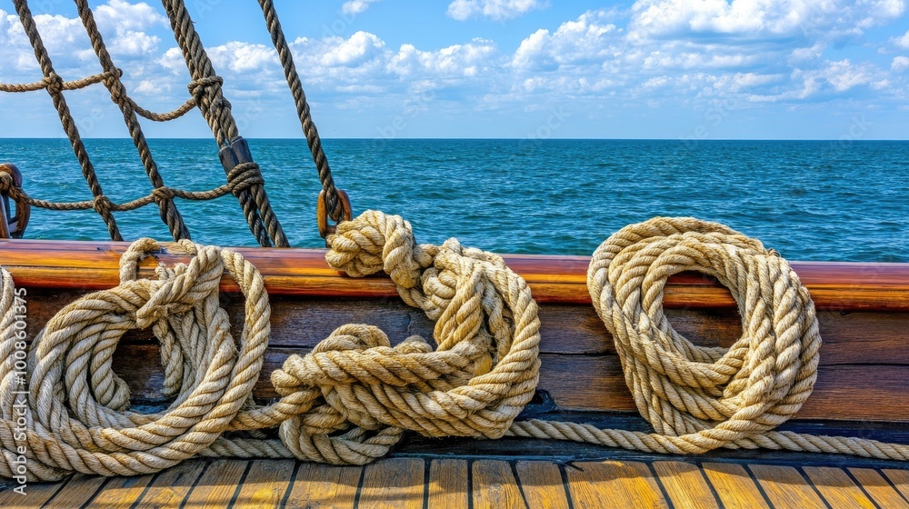 Obraz premium A pirate ship's empty deck with creaky wooden planks, towering masts, and ropes hanging down, against the backdrop of an open sea, perfect for pirate-themed scenes.