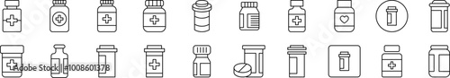 Bottle of Meds Bundle of Thin Icons. Editable Stroke. Suitable for Web Sites, Books, Cards, Apps