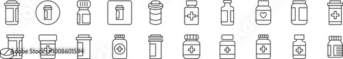 Bottle of Meds Simple Isolated Line Icons Collection. Editable Stroke. Suitable for Web Sites, Books, Cards, Apps