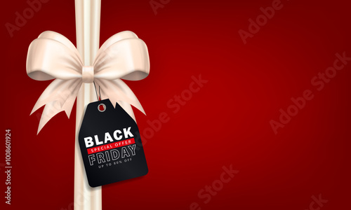 Template of sale banner with 3d white gift bow and price tag with promo and copy space for BLACK FRIDAY event. Blank red wallpaper with ribbon and discount label with special offer for online shopping