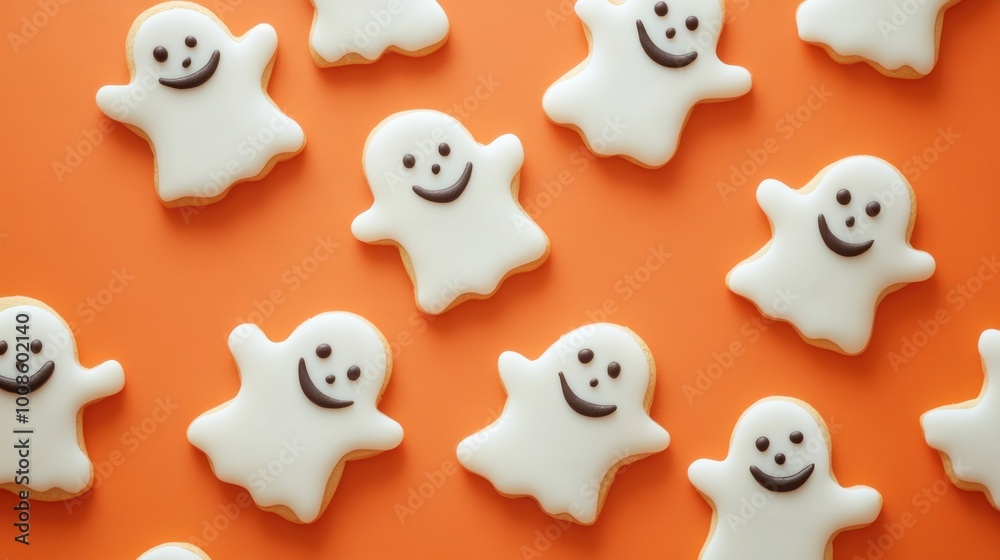 Halloween cookies shaped like smiling ghosts and pumpkins, forming a festive pattern on an orange backdrop. Realistic, detailed Halloween cookies shaped like smiling ghosts and pumpkins, forming a festive pattern on an orange backdrop. Realistic, detailed