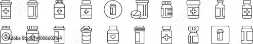 Bottle of Meds Related Icon Set. Editable Stroke. Suitable for Web Sites, Books, Cards, Apps