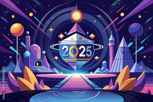 Futuristic geometric landscape with 2025 planet and cosmic elements