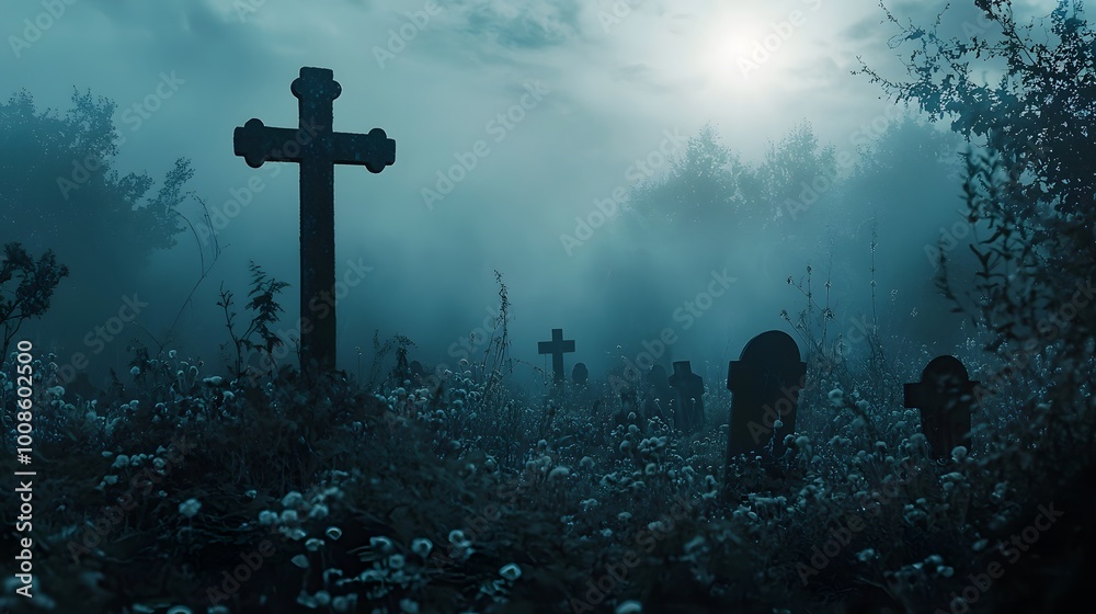 Naklejka premium Eerie graveyard shrouded in mist creates a haunting atmosphere at dusk.