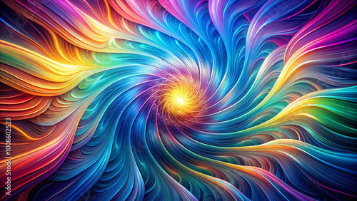 Vibrant multicolor 3D wave geometry radiating outward from central point creates mesmerizing visual effect. swirling patterns evoke sense of energy and movement photo