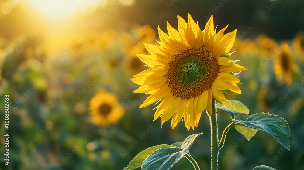 Fototapeta premium A vivid sunflower prominently displayed against a backdrop of a green field with blurred sunflowers in the distance, capturing the essence of summer