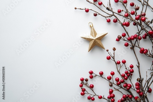 Simple and elegant flat lay design featuring red berries and a gold star on a pale gray backdrop for holiday greetings