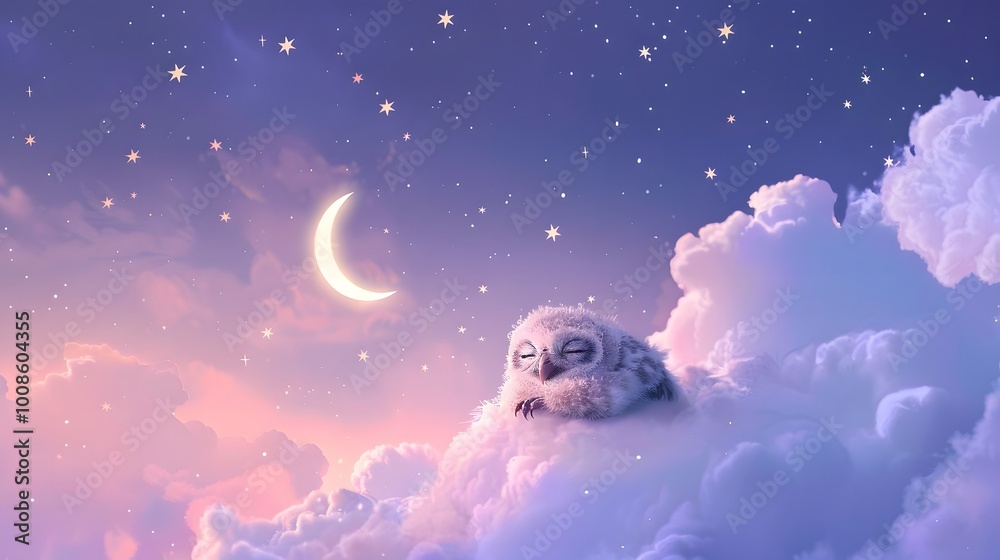 Fototapeta premium Charming owl resting on a fluffy cloud under a crescent moon in a serene twilight sky filled with twinkling stars