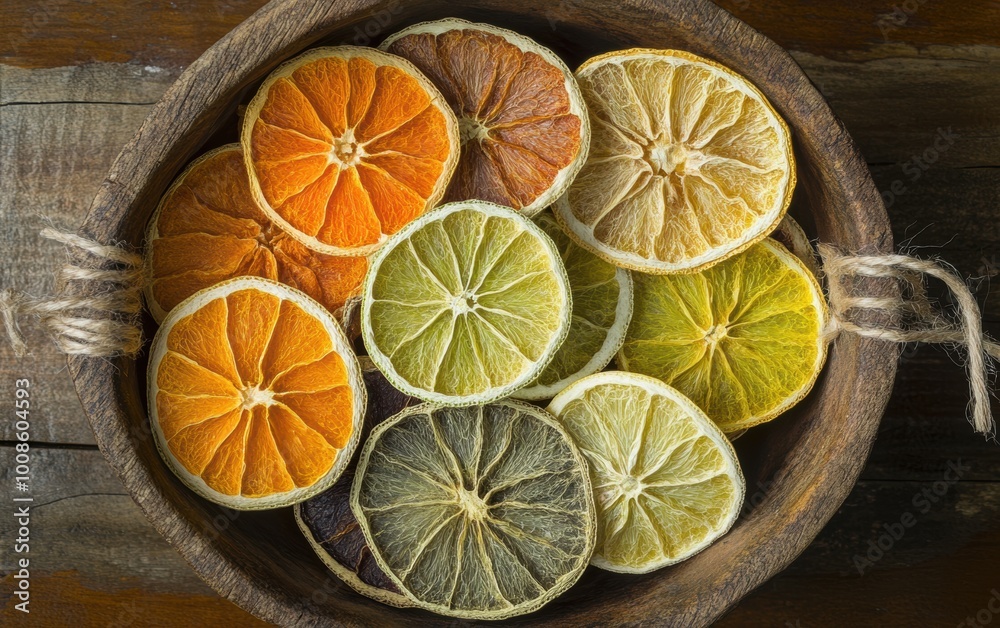 A vibrant collection of dried citrus slices showcasing oranges, lemons, and limes in a rustic wooden bowl on a natural surface