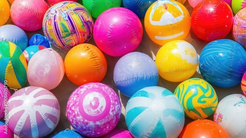 A colorful assortment of inflatable balls at a beachside vendor, capturing the vibrant energy of summer vacations and beach activities.