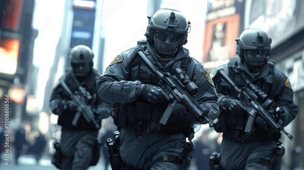 Law enforcement officers deploying high-tech tracking tools to respond to an unfolding emergency. Realistic, very detailed. Law enforcement officers deploying high-tech tracking tools to respond to an unfolding emergency. Realistic, very detailed.