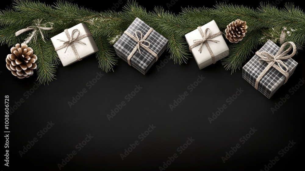 Colorful Christmas presents and pine cones on a black background Colorful Christmas presents and pine cones on a black background