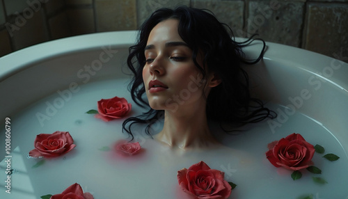 woman immersed in bathtub with milk and red petals