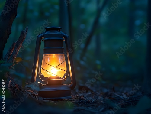 A single bright lantern glowing in the middle of a dark forest, with the soft light illuminating the nearby trees.