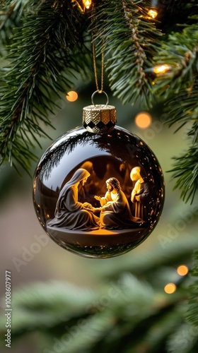 A beautiful glass ornament showcasing the nativity with warm lights, hanging gracefully from an evergreen tree during the holiday season