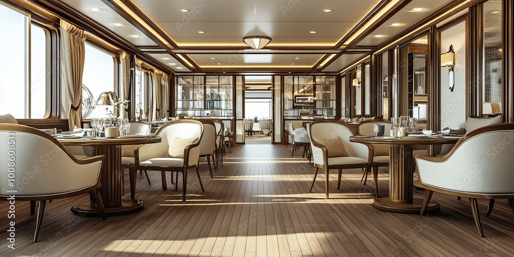 brown and cream luxury cruise ship deck cafeteria with modern wooden floor, and beautiful background brown and cream luxury cruise ship deck cafeteria with modern wooden floor, and beautiful background