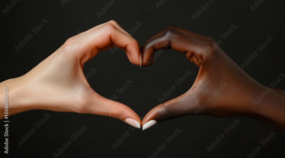 A close-up image showing two hands forming a heart shape, symbolizing love and unity against a black background. One hand is light-skinned and the other dark-skinned, highlighting diversity.