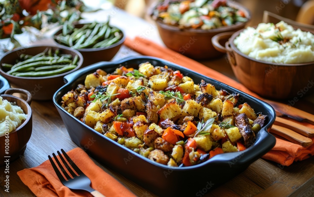 A warm Thanksgiving feast featuring roasted vegetables, stuffing, cornbread, and creamy mashed potatoes in a cozy autumn setting A warm Thanksgiving feast featuring roasted vegetables, stuffing, cornbread, and creamy mashed potatoes in a cozy autumn setting