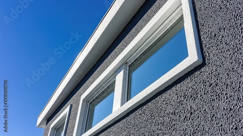 Close-up of the housea??s facade showing the texture of the cool grey paint with white accents, reflecting the clear blue sky photo