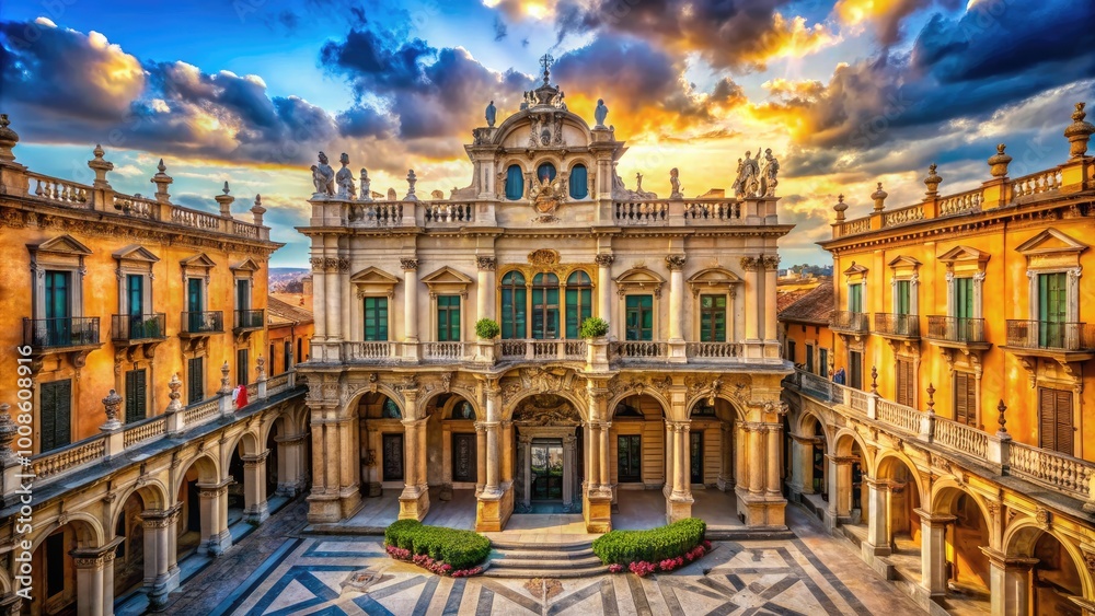 Fototapeta premium Majestic Palazzo Architecture with Grand Facade and Ornate Details Under Clear Blue Sky in Italy