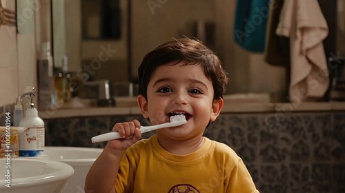 A cheerful Indian boy enjoys brushing his teeth in a bright yellow T-shirt against a tiled bathroom backdrop