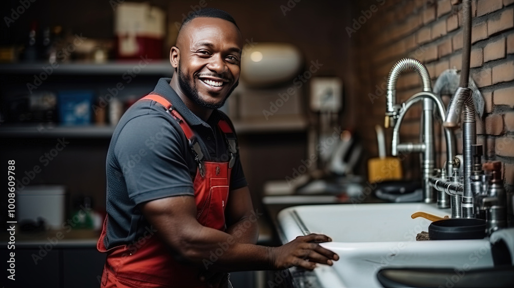 portrait of a cheerful African-American plumber in uniform while in the kitchen repairing sewerage and plumbing in the customer's apartment portrait of a cheerful African-American plumber in uniform while in the kitchen repairing sewerage and plumbing in the customer's apartment