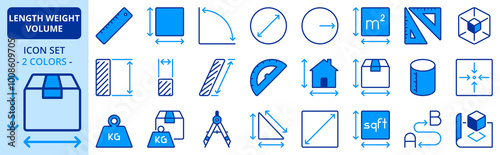 Icons in two colors about length, weight and volume