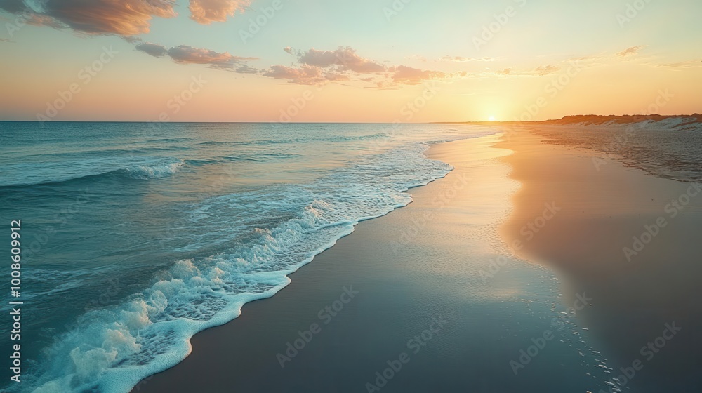 Obraz premium aerial view of a pristine beach at dawn where soft waves kiss the shore under a pastelcolored sky inviting a sense of peace and tranquility to the scene