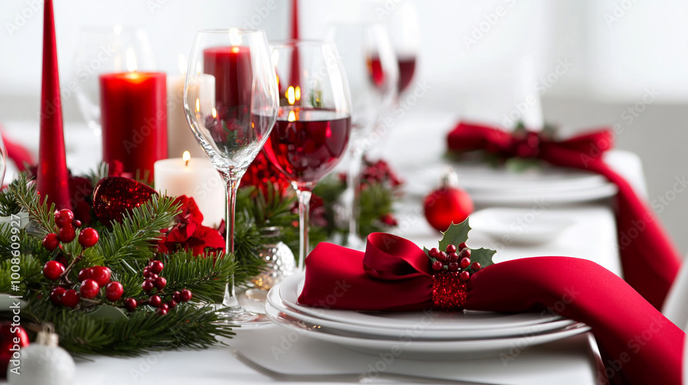 Beautifully decorated Christmas table with candles and holiday decorations on white background. Beautifully decorated Christmas table with candles and holiday decorations on white background.