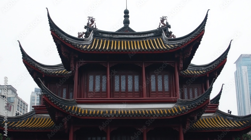 Ancient Chinese Pagoda with Curved Roof and Yellow Decorations Ancient Chinese Pagoda with Curved Roof and Yellow Decorations