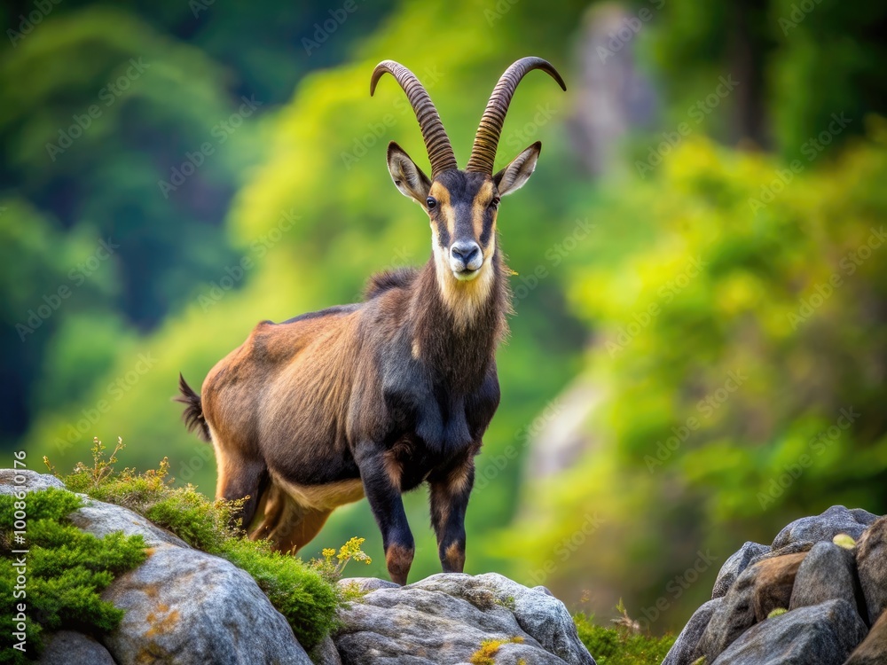 Majestic Sable Goat Standing Proudly on Rocky Terrain with Lush Greenery in the Background Majestic Sable Goat Standing Proudly on Rocky Terrain with Lush Greenery in the Background