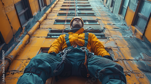 industrial climber in equipment and helmet at height, bottom view