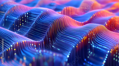 Data of crypto waves. 3D illustration of wavy lines in the information code field. Data flow cyber concept. Coding and technology photo