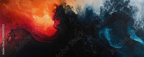 An abstract artwork featuring vibrant colors of orange, blue, and black, creating an energetic and dynamic composition.