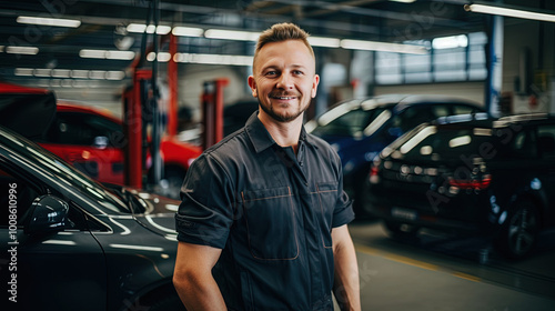 smiling Caucasian auto mechanic in uniform in a car repair and painting shop smilingly looks at the camera.specialized auto service center