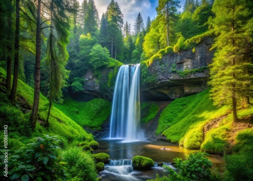 Majestic Silver Falls State Park Waterfall Cascading Through Lush Green Forest in Oregon's Nature