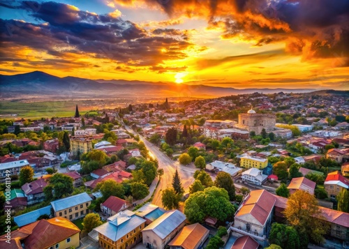 Majestic skyline of Gori city, Georgia at sunset with vibrant colors and historical architecture