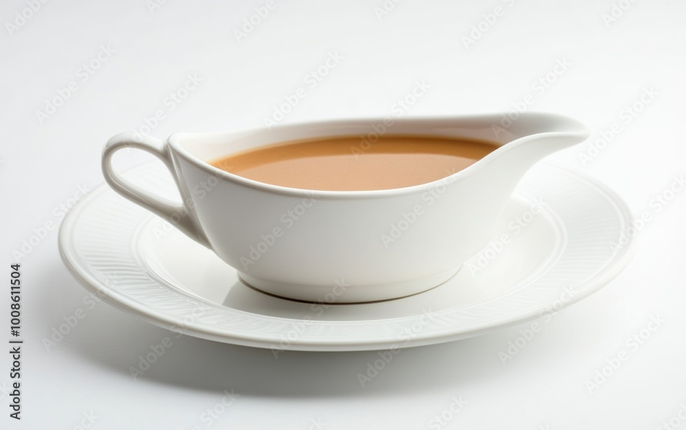 Savor the rich and flavorful gravy served elegantly in a white gravy boat on a pristine plate against a bright background Savor the rich and flavorful gravy served elegantly in a white gravy boat on a pristine plate against a bright background
