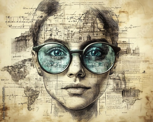 Wallpaper Mural Artistic portrait of a young woman wearing glasses reflecting architectural drawings and a world map, suggesting a connection between vision, travel and architecture Torontodigital.ca