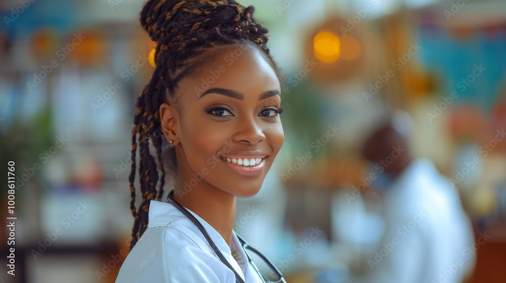 portrait of a beautiful friendly young African American female doctor in a white coat looking at the camera while in the clinic portrait of a beautiful friendly young African American female doctor in a white coat looking at the camera while in the clinic