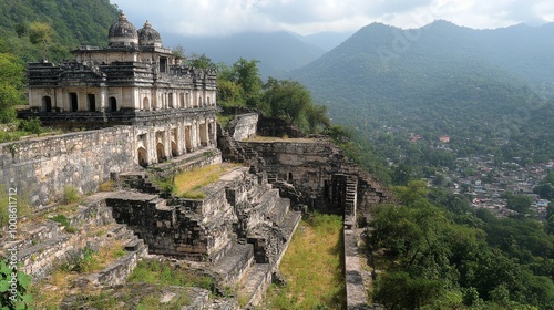 Ancient Majesty Ruins of a hillside temple, a testament to Mexicos rich cultural heritage.. photo