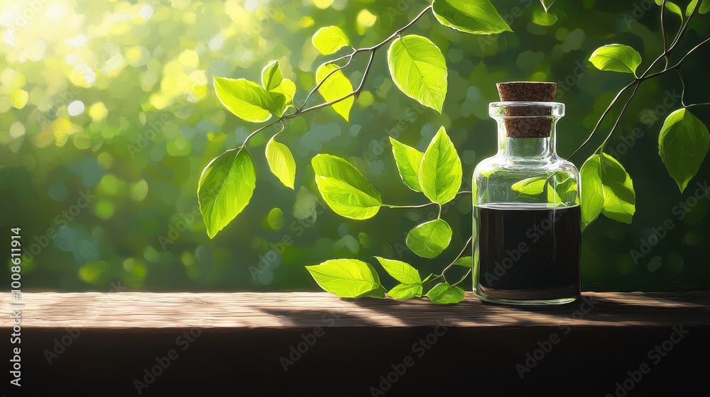 A glass bottle filled with dark liquid sits on a wooden surface, surrounded by vibrant green leaves and softly illuminated by natural light. A glass bottle filled with dark liquid sits on a wooden surface, surrounded by vibrant green leaves and softly illuminated by natural light.
