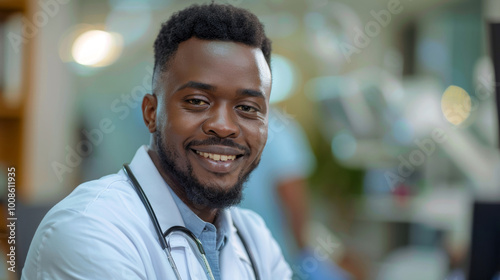 portrait of a friendly smiling African American young doctor in a white coat looking at the camera while in the clinic, copyspace